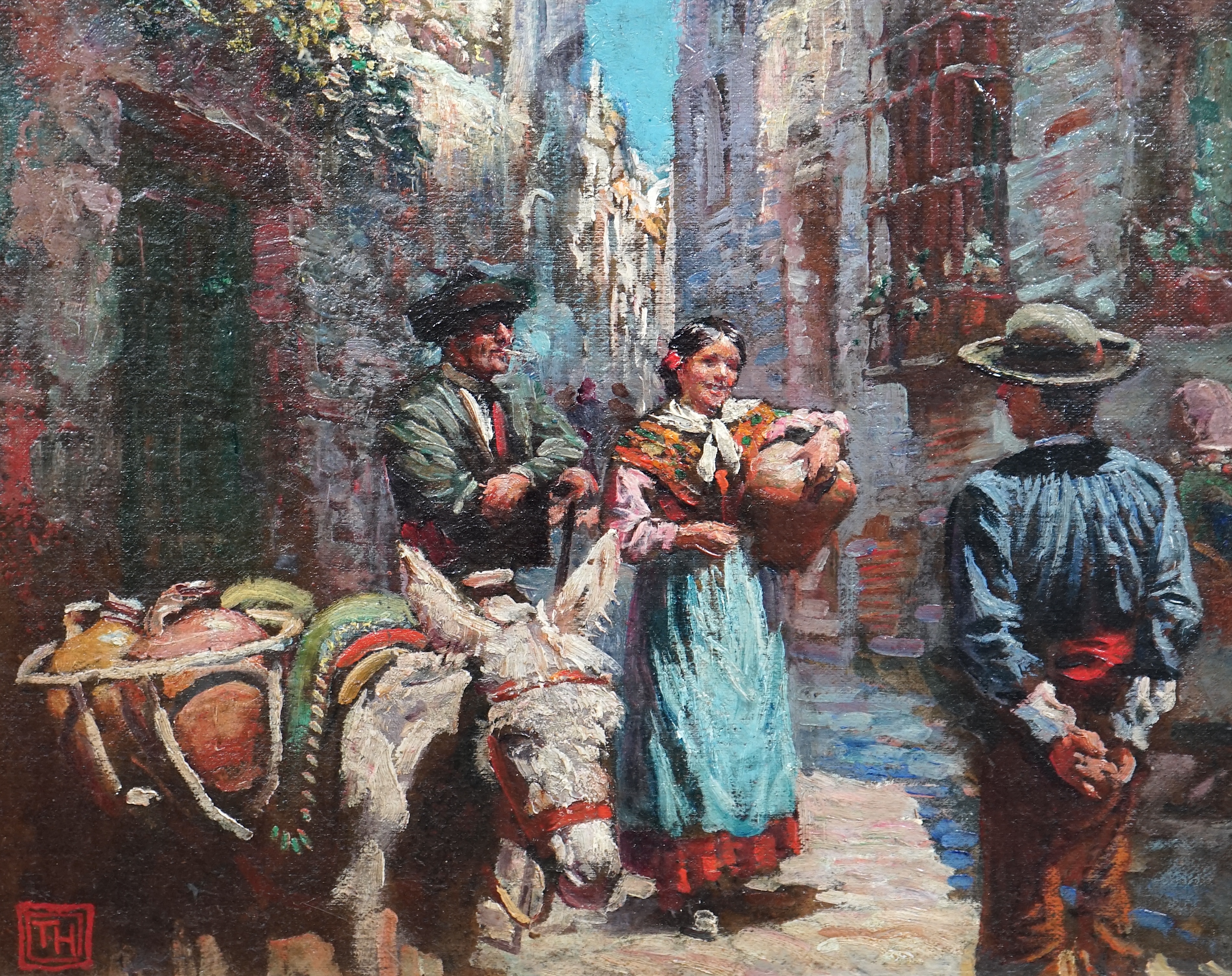 Arthur Trevor Haddon (British, 1864-1941), Spanish street scene with figures and donkey, oil on canvas board, 32 x 40cm